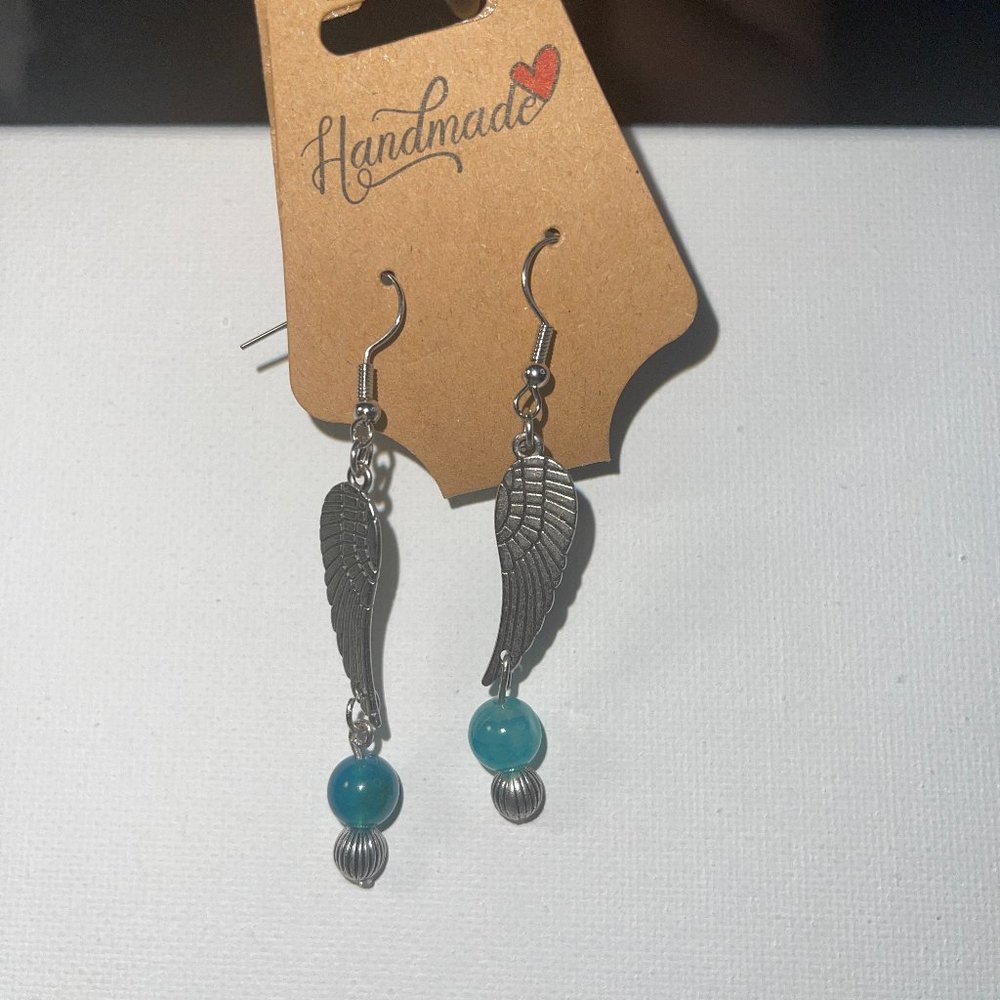 Chandelier Earrings Tibetan Silver Wing Charms with Chakra Natural Stone Healing